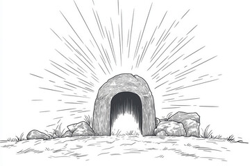 An artistic black and white illustration of the empty tomb of Jesus with radiant light emerging, symbolizing resurrection and hope
