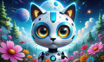 Futuristic robotic cat in vibrant cosmic floral landscape with planets