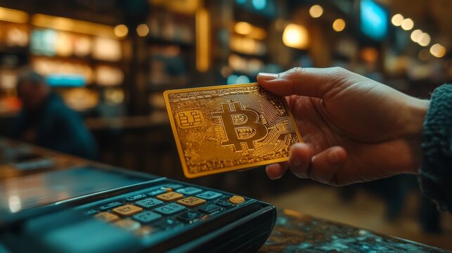 Hand holding a Bitcoin card at a digital payment terminal