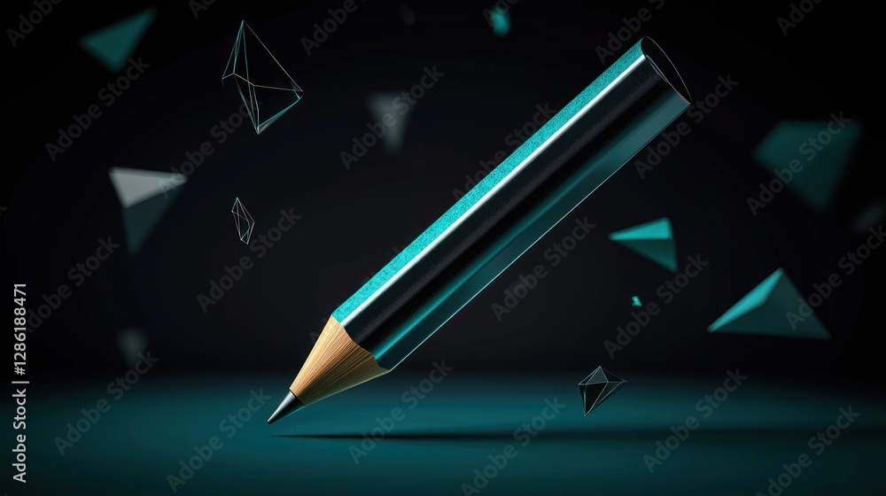 Wall mural a sleek black pencil with a sharp tip surrounded by floating geometric shapes in a dark background
