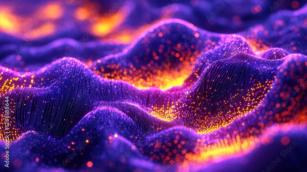 Poster closeup view of a purple and yellow cell showing intricate details and textures