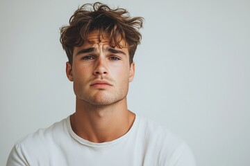 Fototapeta premium A handsome young man with a frowning expression, wearing a plain white shirt, studio background, soft minimal lighting, no accessories, clean and sharp edges, minimal details.