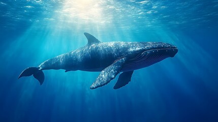 Naklejka premium Majestic Humpback Whale Swimming Gracefully Underwater in Ocean Light