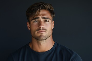 Obraz premium A modern young man, serious frowning expression, plain dark gray background, studio portrait with sharp focus on face, minimalist aesthetic, smooth lighting, no props or extras.