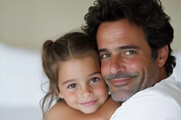 Loving father embracing his young daughter with warmth and happiness symbolizing deep family bond and emotional security in soft lit intimate portrait photography