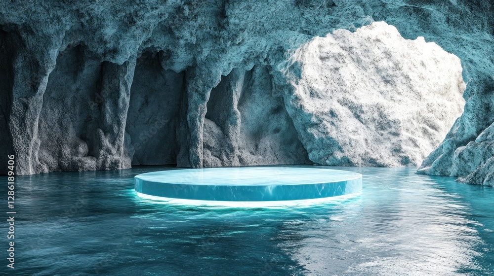 Poster glowing ice platform in cave pool, ideal for product showcase display