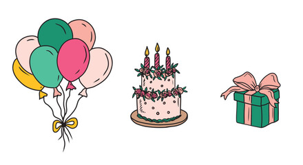 Flying balloons, big birthday cake and gift box isolated on white background. Hand drawn vector ink illustration in vintage flat style. Happy Birthday greeting card, decorative banner, stickers.