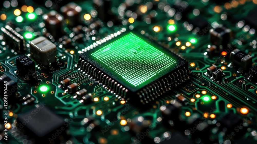 Poster a closeup view of a detailed green circuit board on a computer