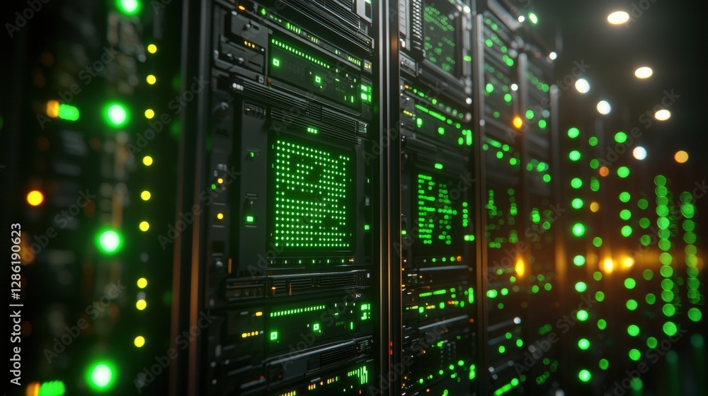 Poster array of servers with bright green indicator lights signifying operational status in data center