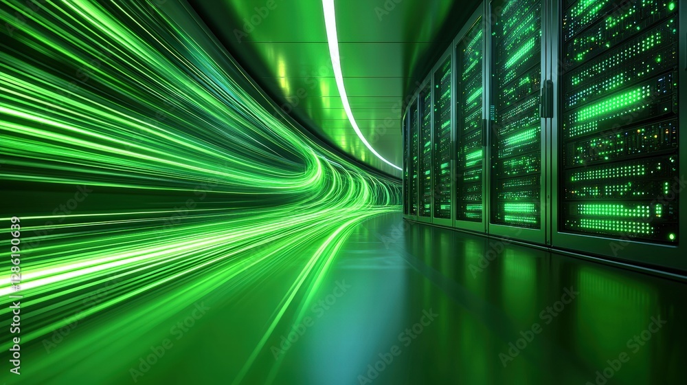 Aufkleber green and black server room filled with hightech servers and led indicators displaying status