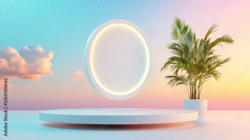 Poster futuristic minimalist floating podium with soft color background