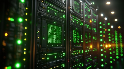 Obraz premium Array of servers with bright green indicator lights signifying operational status in data center