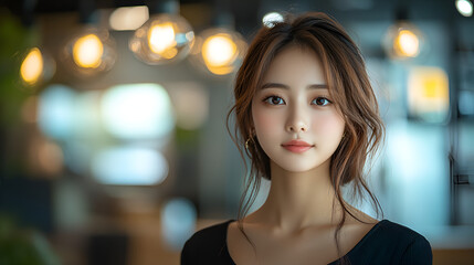 Portrait of young Asian woman with soft lighting, gentle smile, urban nighttime, high-quality portrait