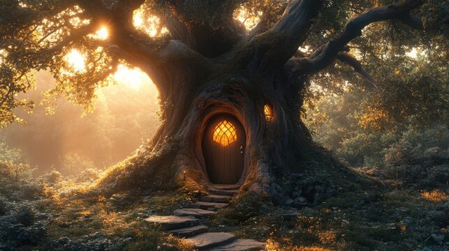 Enchanting treehouse nestled in a mystical forest at sunset