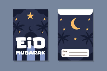 Modern Eid Mubarak Greeting Card and Envelope Template with Night Sky and Crescent Moon