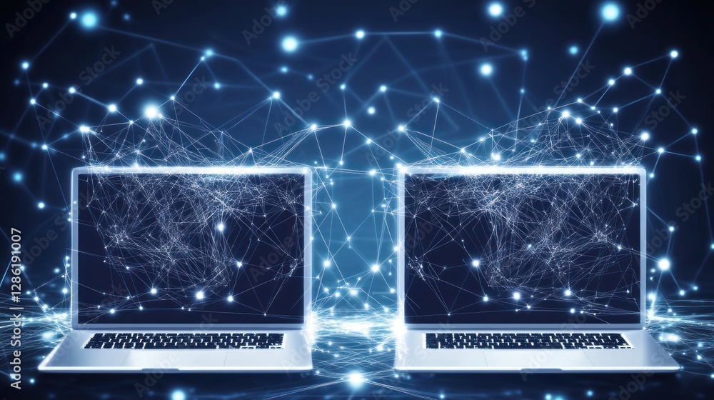 Poster connecting laptops with digital network technology for seamless data transfer