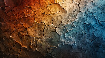 Abstract cracked and weathered textured background in shades of orange, blue, and brown.