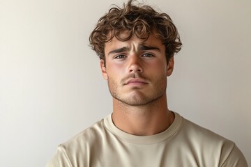 Obraz premium A moody young man, serious frowning expression, plain light beige background, clean studio lighting, minimalist design, neutral tones, focus on emotions and face structure.