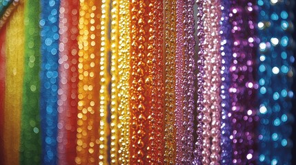 Vibrant closeup of a rainbowcolored curtain showcasing vivid textile patterns