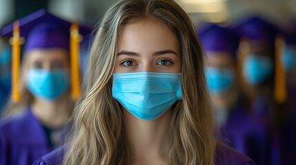 Portrait of young woman in blue surgical mask, graduation scene, pandemic precautions, resilient spirit
