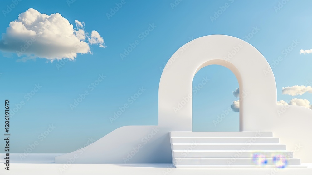 Poster minimalist podium with soft sky gradient and fluffy clouds