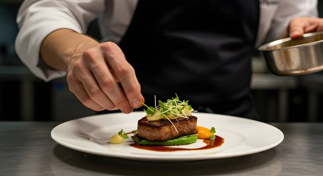 Maestro chef cocinero hombre manos cocinando con precisi&oacute;n aderezo preparando sabroso fresco delicioso delicioso plato gourmet comida en el plato para los clientes restaurante de 5 estrellas michelin 