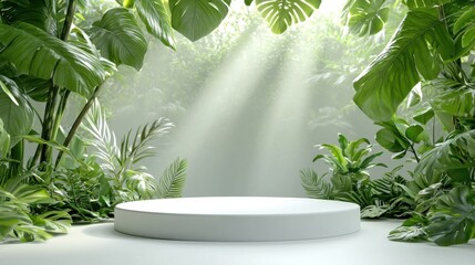 Modern White Podium with Circular Platform Surrounded by Greenery