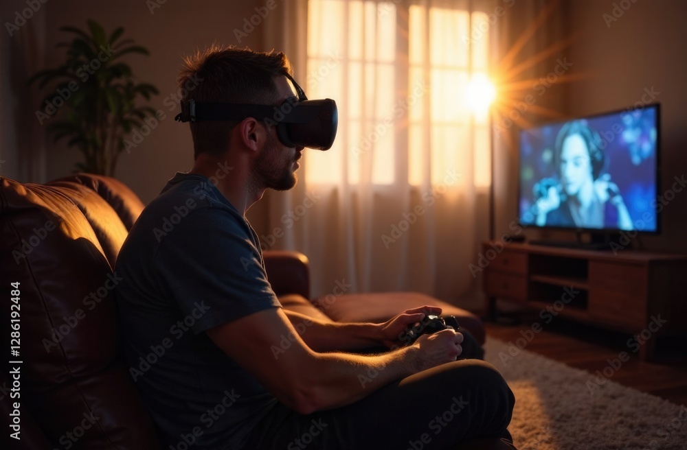 Fototapete a man is playing a vr game in a room with a free space for text on the side.