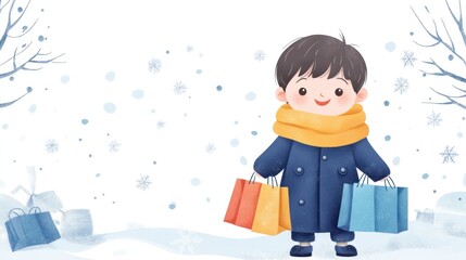 A cheerful artwork for children in winter with shopping bags, this artwork depicts the concept of a happy new year, with white clouds and snowflakes.