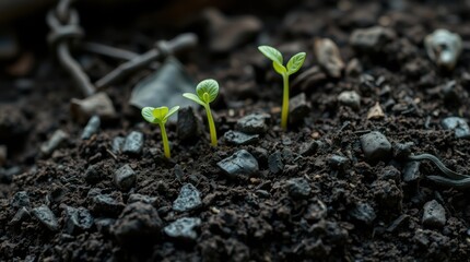 Tiny sprouts emerge from the earth, signs of new beginnings and the resilience of nature's cycles.