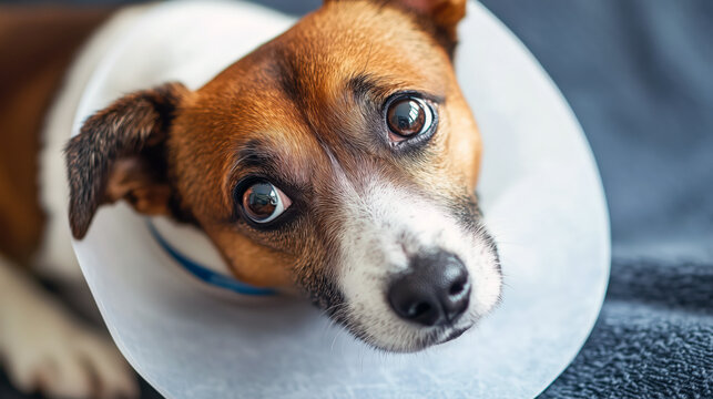 Sad dog wearing a protective cone on his neck 