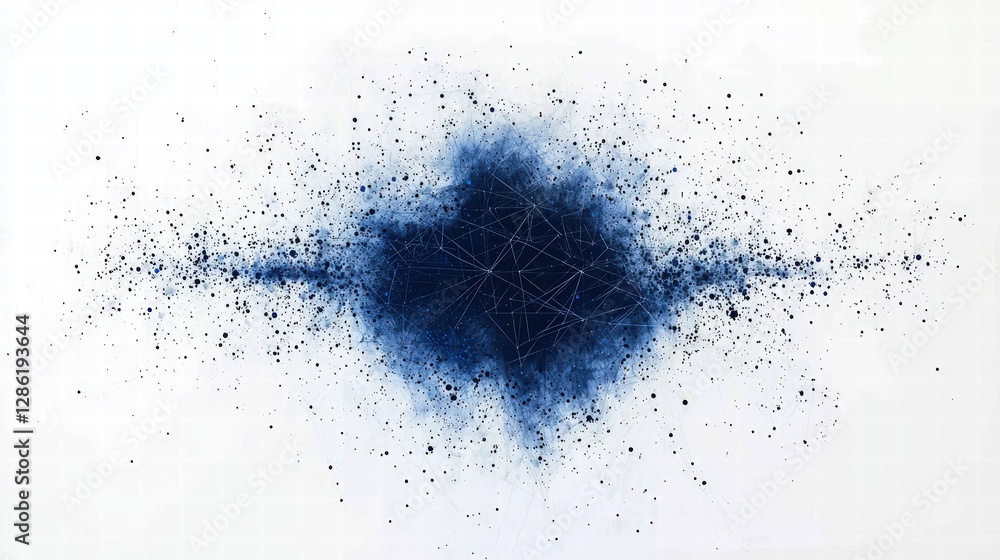 Poster unique splash of blue ink creating artistic patterns on a crisp white background