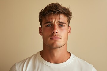 Fototapeta premium A stylish young man with sharp jawline, frowning expression, plain beige background, clean studio light, minimalist details, no distractions, focus on his facial features.