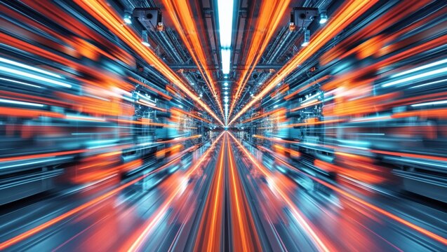 Abstract light streaks create a futuristic tunnel effect in a high-tech industrial corridor.
