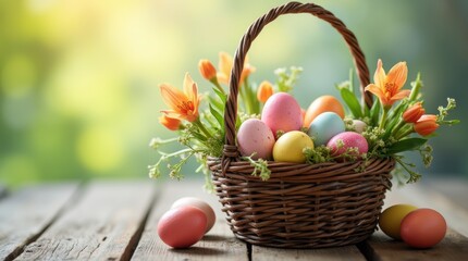 Festive Easter basket with colorful eggs and spring flowers on a wooden table