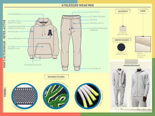 Men's athleisure wear drop shoulder hoodie and jogger tracksuit technical clothing tech pack.