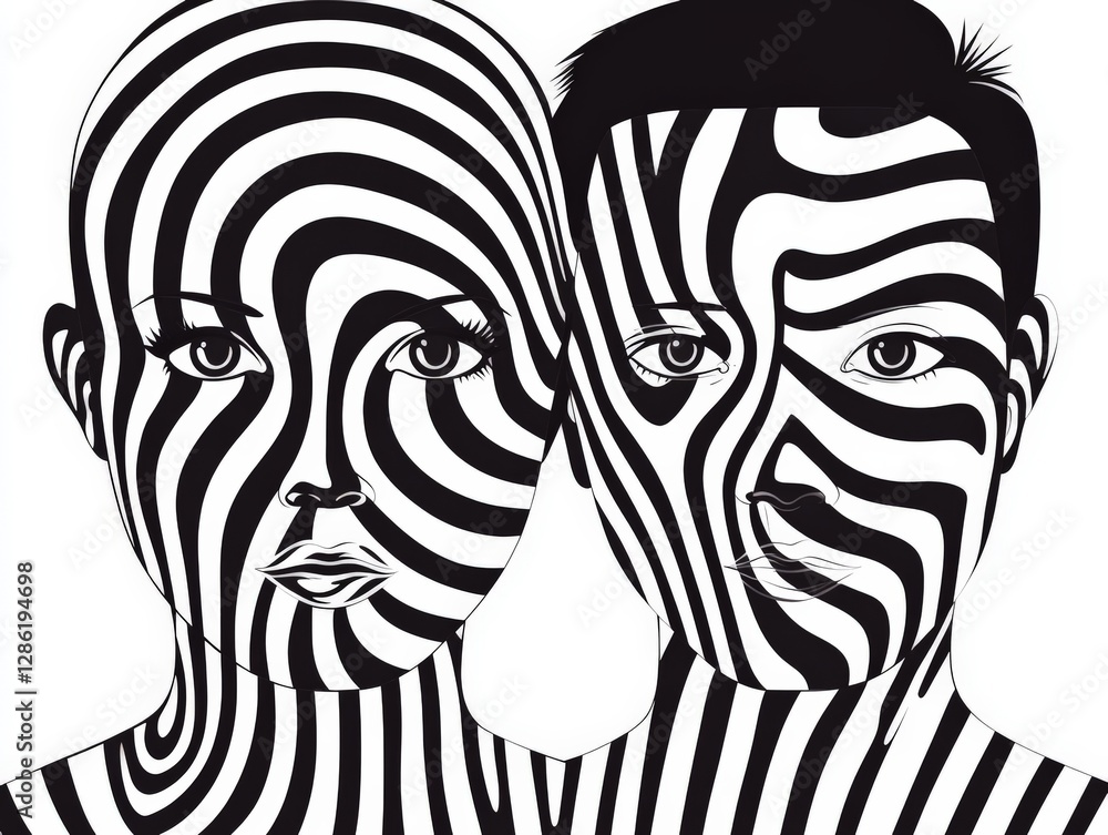 Poster black and white surrealistic face illusion with abstract patterns and optical distortion representin