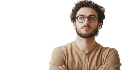 Writer in a sophisticated yet relaxed outfit, thoughtful and intellectual, glasses on, isolated on a white background