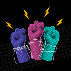 Diverse female hands raised for International Women's day. Feminism, empowerment and gender equality concept. Accelerate action IWD 2025 campaign. Halftone effect, Vector illustration