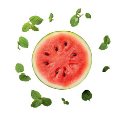 A Slice of Watermelon with Mint Leaves Isolated on Transparent Background