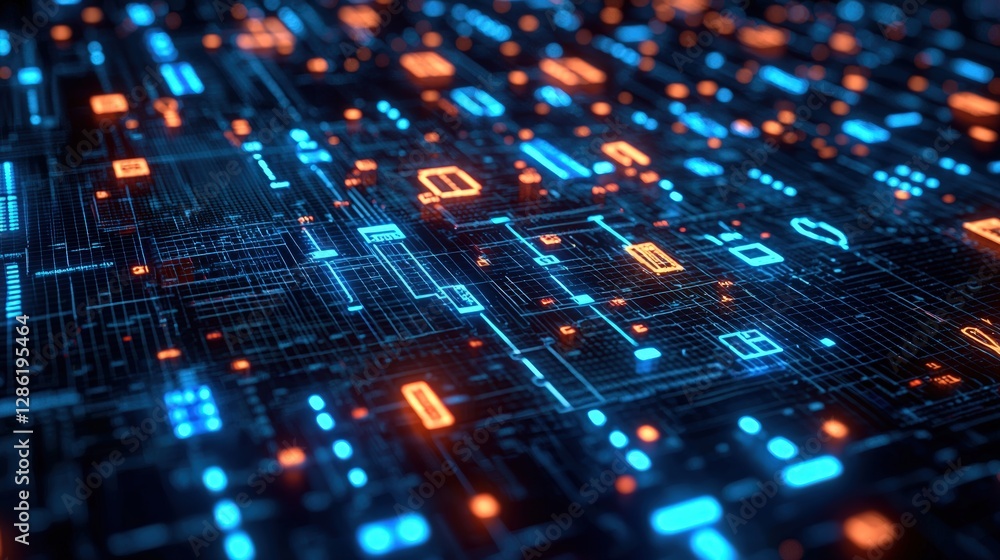 Poster closeup view of a computer circuit board with glowing orange and blue lights