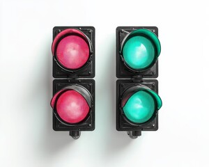A white-backgrounded isolated image showcasing a traffic light with red and green lights on simultaneously