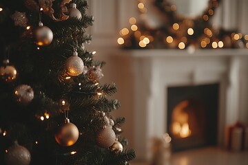 Christmas tree, decorated, living room, fireplace