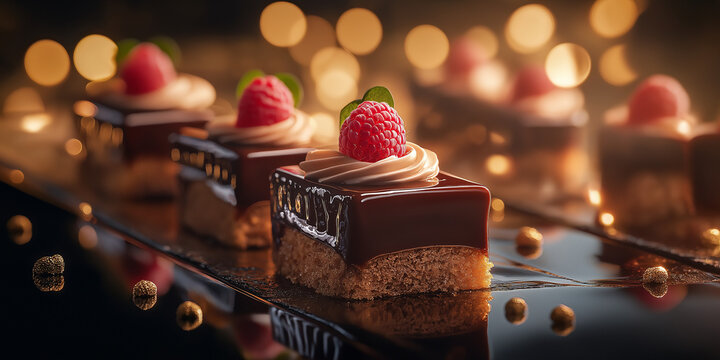 Exquisite raspberry chocolate desserts with cream and golden bokeh light
