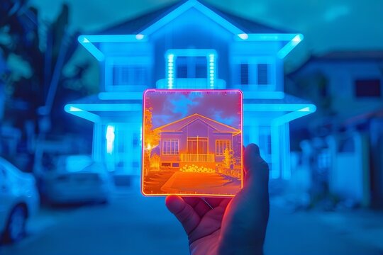 Infrared Thermovision Image Reveals Inadequate Thermal Insulation Around Home with Person's Hand Holding Device