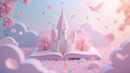 Fototapeta premium whimsical castle surrounded by pink trees and clouds, creating dreamy atmosphere. scene evokes sense of wonder and magic