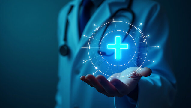 Healthcare and Medical Care Technology Futuristic Medicine Doctor Nurse Patient Digital Health AI Electronic Medical Record DNA Innovation Science Hospital Research
