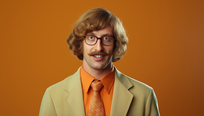 Retro Portrait of Smiling Man with Glasses and Mustache in Vintage Suit Against Vibrant Orange Backgrounds