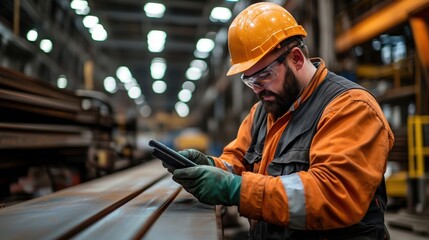 Steel Worker Using Tablet in Metal Industry Warehouse with Safety Gear and Equipment for Precision Manufacturing and Quality Control