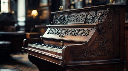 Antique wooden desk with intricate carvings, dimly lit in a vintage room 
